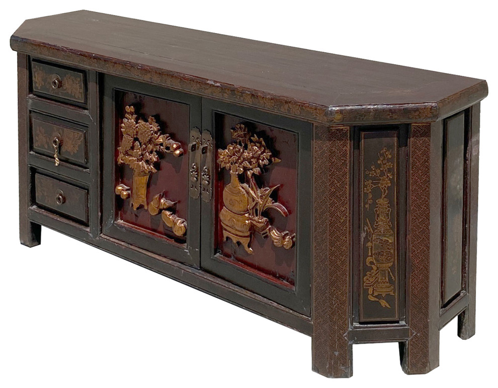 Chinese Distressed Brown Golden Flower Motif TV Console Table Cabinet Hcs6127   Asian   Entertainment Centers And Tv Stands   by Golden Lotus Antiques  Houzz