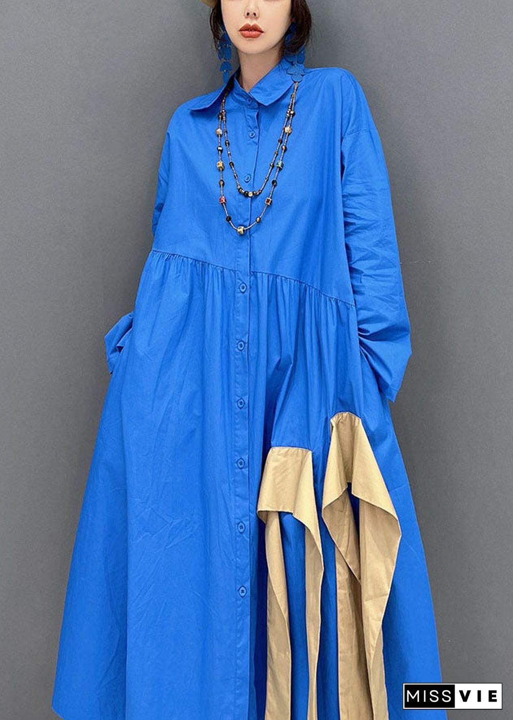 Art Blue Asymmetrical Design Patchwork Cotton Maxi Dresses Fall