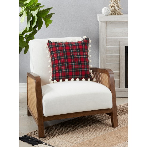 Saro Lifestyle Poly filled Throw Pillow With Plaid Pom Pom Design