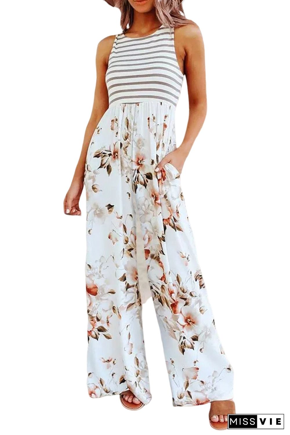 White Striped Floral Pocket Sleeveless Jumpsuit