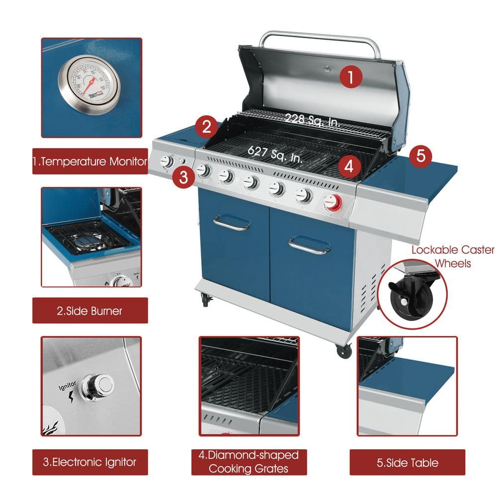 Royal Gourmet 6-Burner Propane Gas Grill in Blue with Sear Burner and Side Burner GA6402B