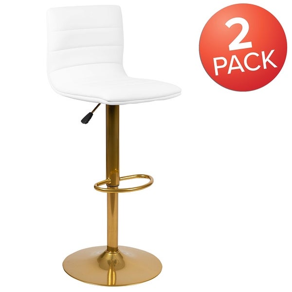 2PK White Vinyl Adjustable Height Barstool w/ Horizontal Stitch Back and Gold Base - as picture