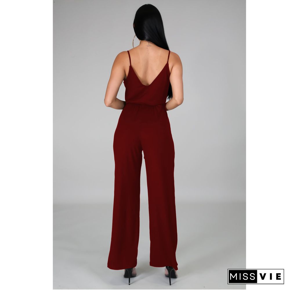 Women Elegant Summer Deep V Neck Sleeveless Solid Color Wide Leg Spaghetti Strap Bandage Jumpsuit