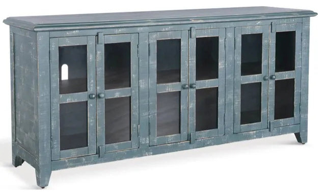 70 quotDistressed Sea Glass Blue TV Stand With Glass Doors   Farmhouse   Entertainment Centers And Tv Stands   by Sideboards and Things  Houzz