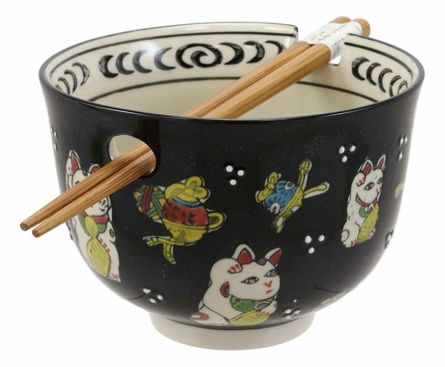 1 Lucky Cat Japanese Maneki Neko Black Porcelain Ramen Bowl With Chopsticks Set EBR02