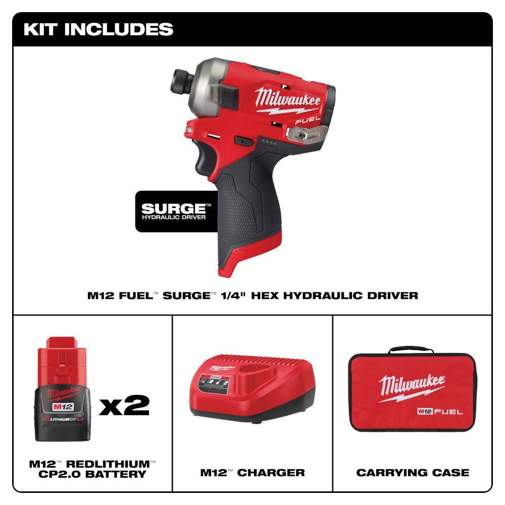 MW M12 FUEL SURGE 12V Lithium-Ion Brushless Cordless 14 in. Hex Impact Driver Compact Kit wTwo 2.0Ah Batteries Bag 2551-22