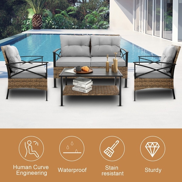 4 Piece Outdoor Conversation Chair Set With Cushion，Patio Rattan Wicker Set with 2 Single chairs and Loveseat，Coffee Table