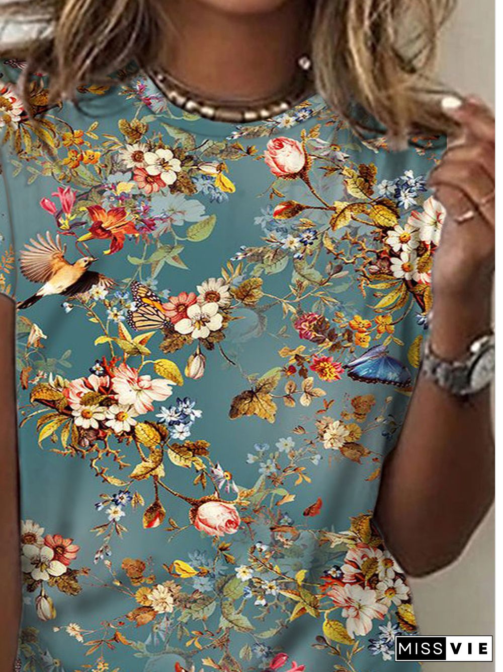 Floral Bird Printed Casual Loosen Crew Neck Plus Size Short Sleeve T-Shirt