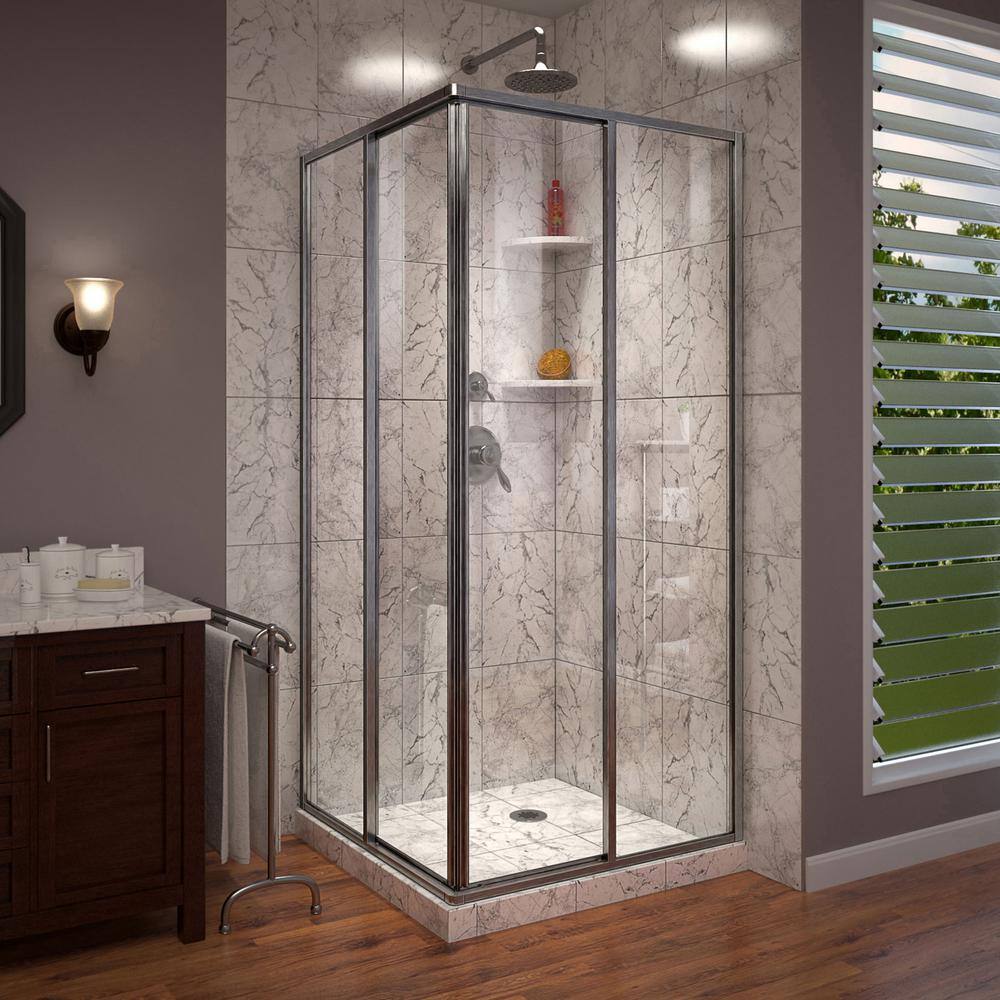 DreamLine Cornerview 34.5 in. W x 72 in. H Square Sliding Framed Corner Shower Enclosure in Brushed Nickel SHEN-8134340-04