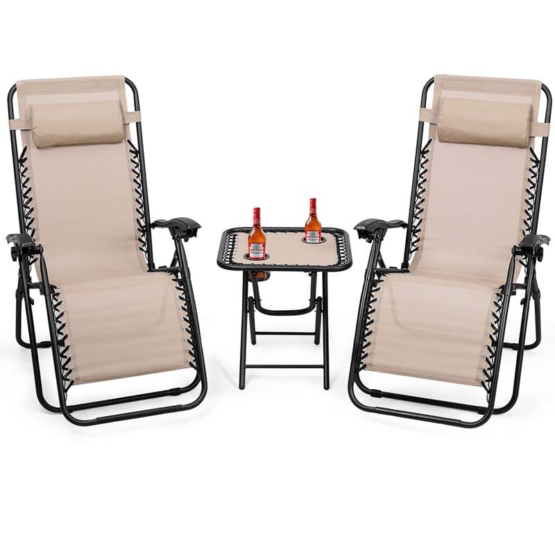 3 Pcs Folding Zero Gravity Recliner Patio Yard Pool Outdoor Chaise Lounge Chairs Table Set