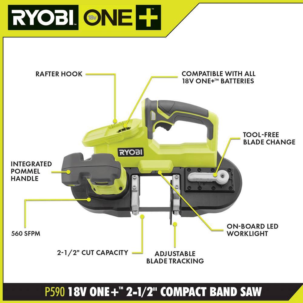 RYOBI ONE+ 18V Cordless 2-12 in. Compact Band Saw Kit with (1) 4.0 Ah Lithium-ion Battery and 18V Charger P590K1