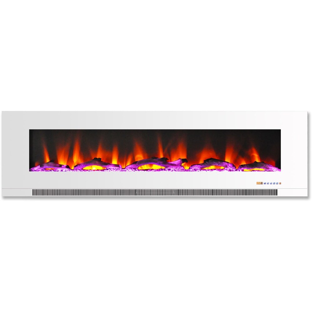 Hanover 60 In. Wall Mount Electric Fireplace in White with Multi Color Flames and Driftwood Log Display