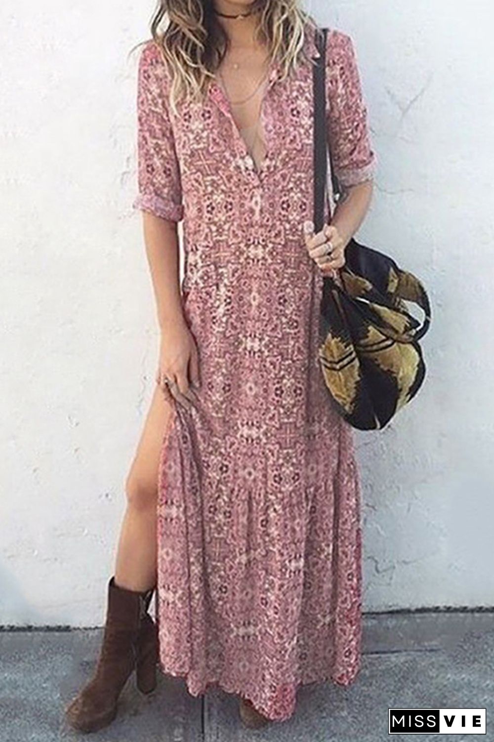 Casual Print Buckle Slit O Neck Dresses(3 Colors)