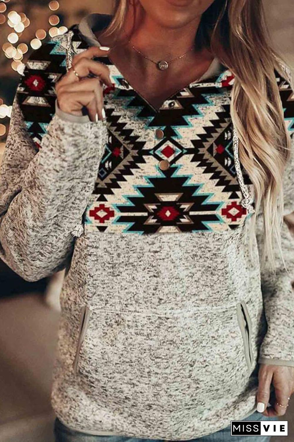 Tribal Geometric Printed Hoodie with Front Pocket