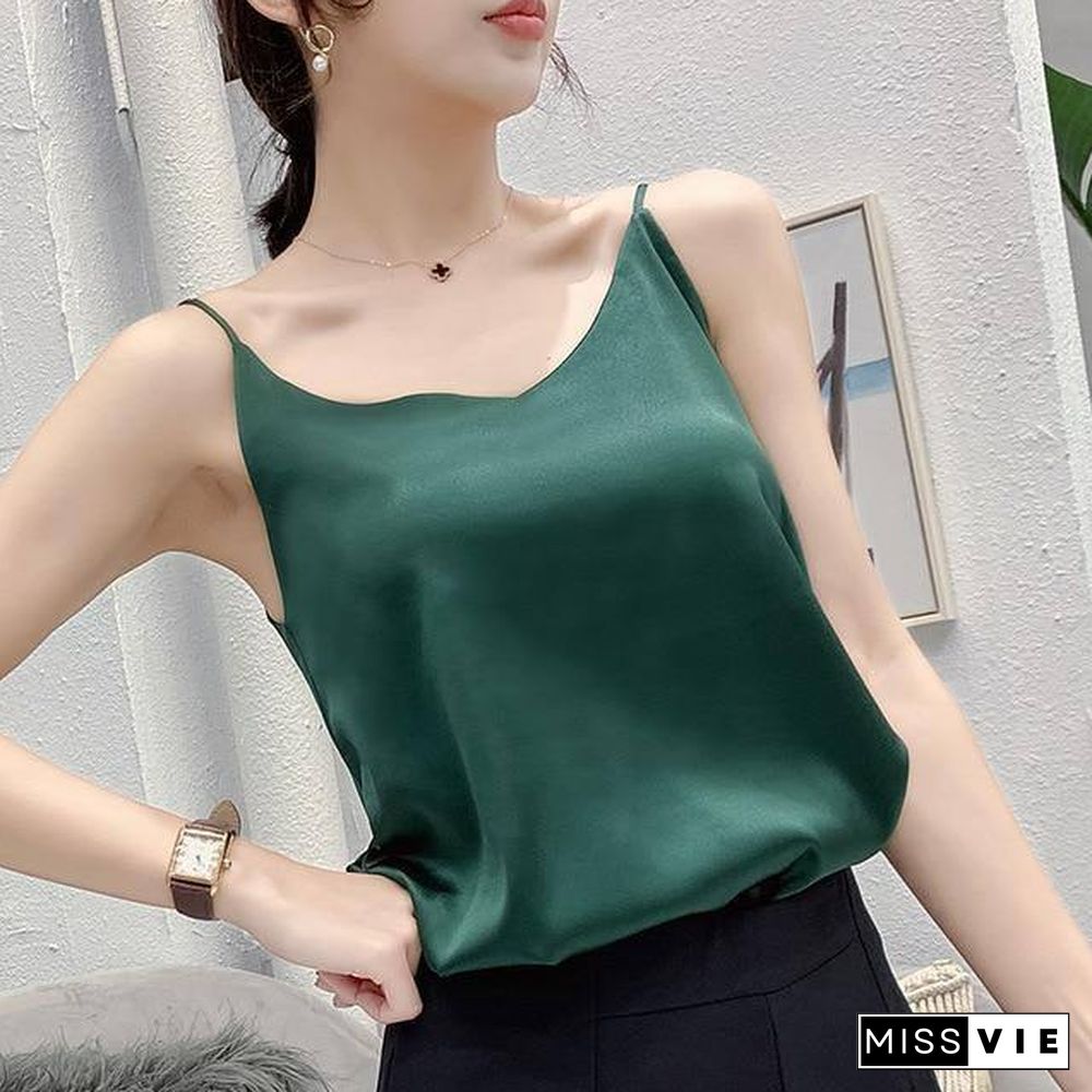 Korean Silk Top Women V-neck Satin Tank Tops Woman Sleeveless Black Tees Cami Sexy Halter Top Plus Size Elegant Women White Tops