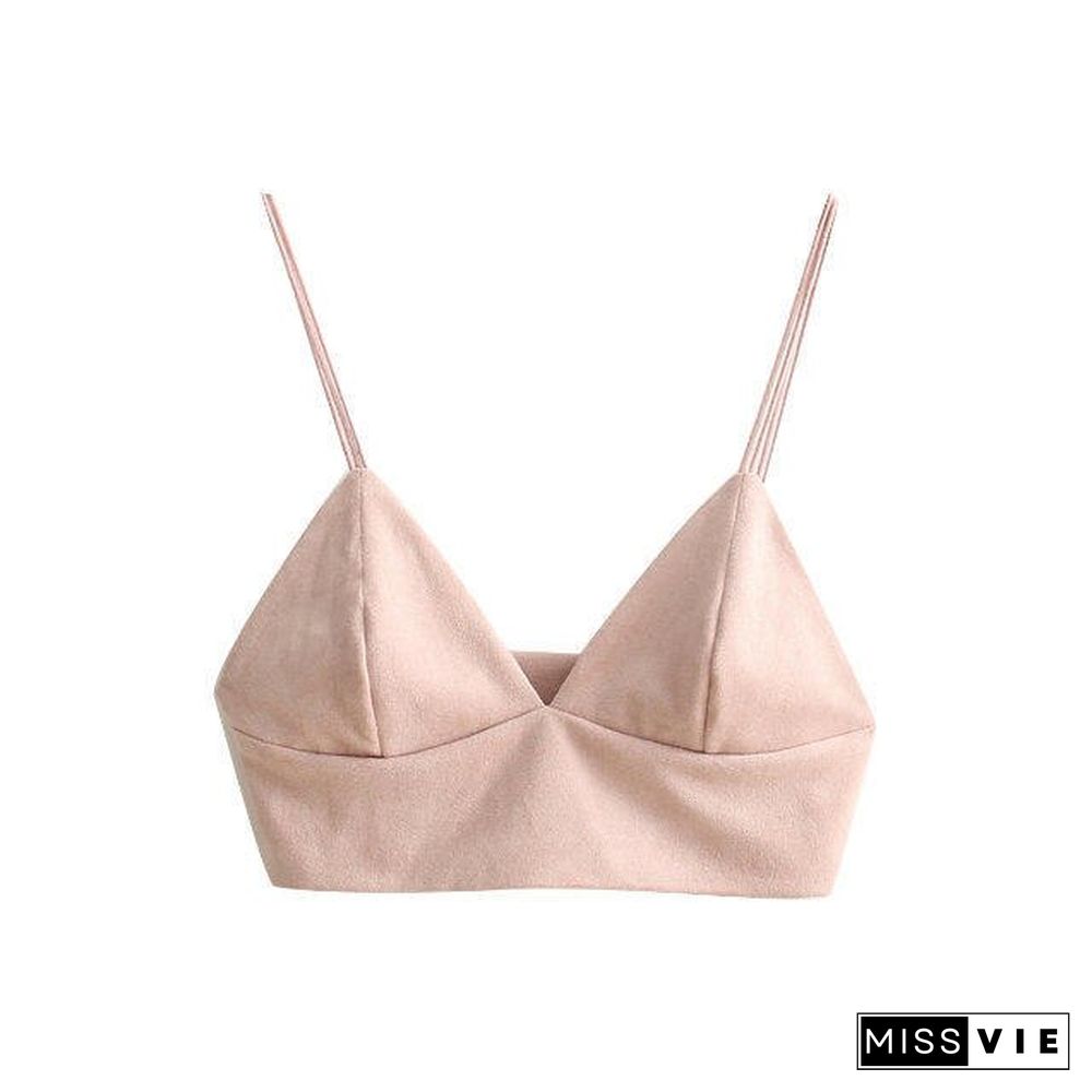 Bralette Crop Top Summer Sexy Pink Strappy Suede Cami Camisole Women Tops