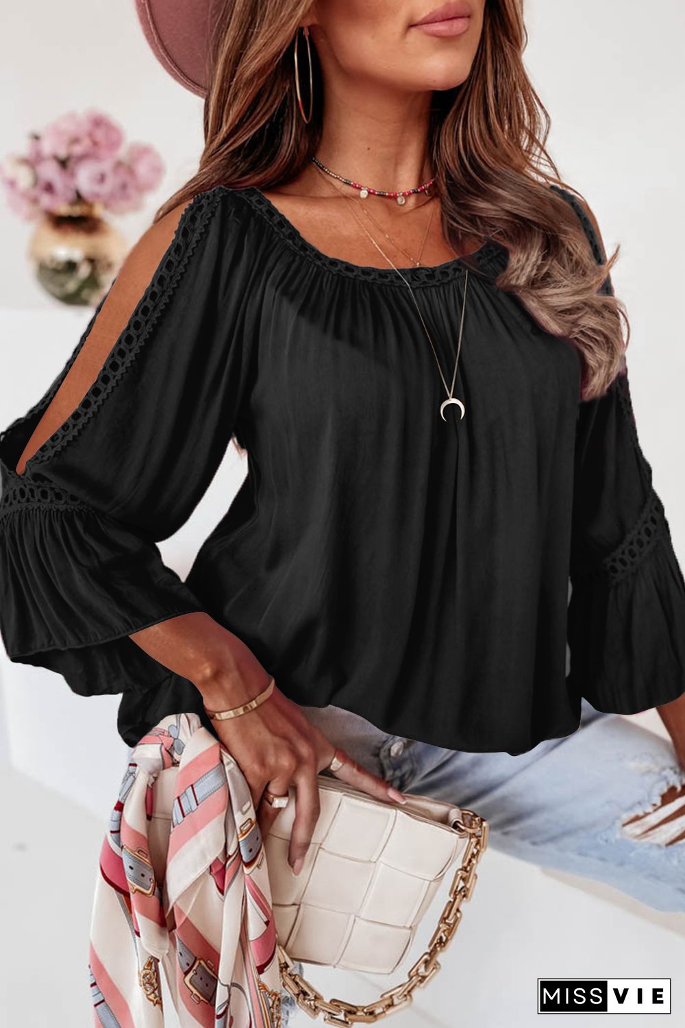 Black Lace Crochet Cut-Out Bracelet Sleeve Ruffle Blouse