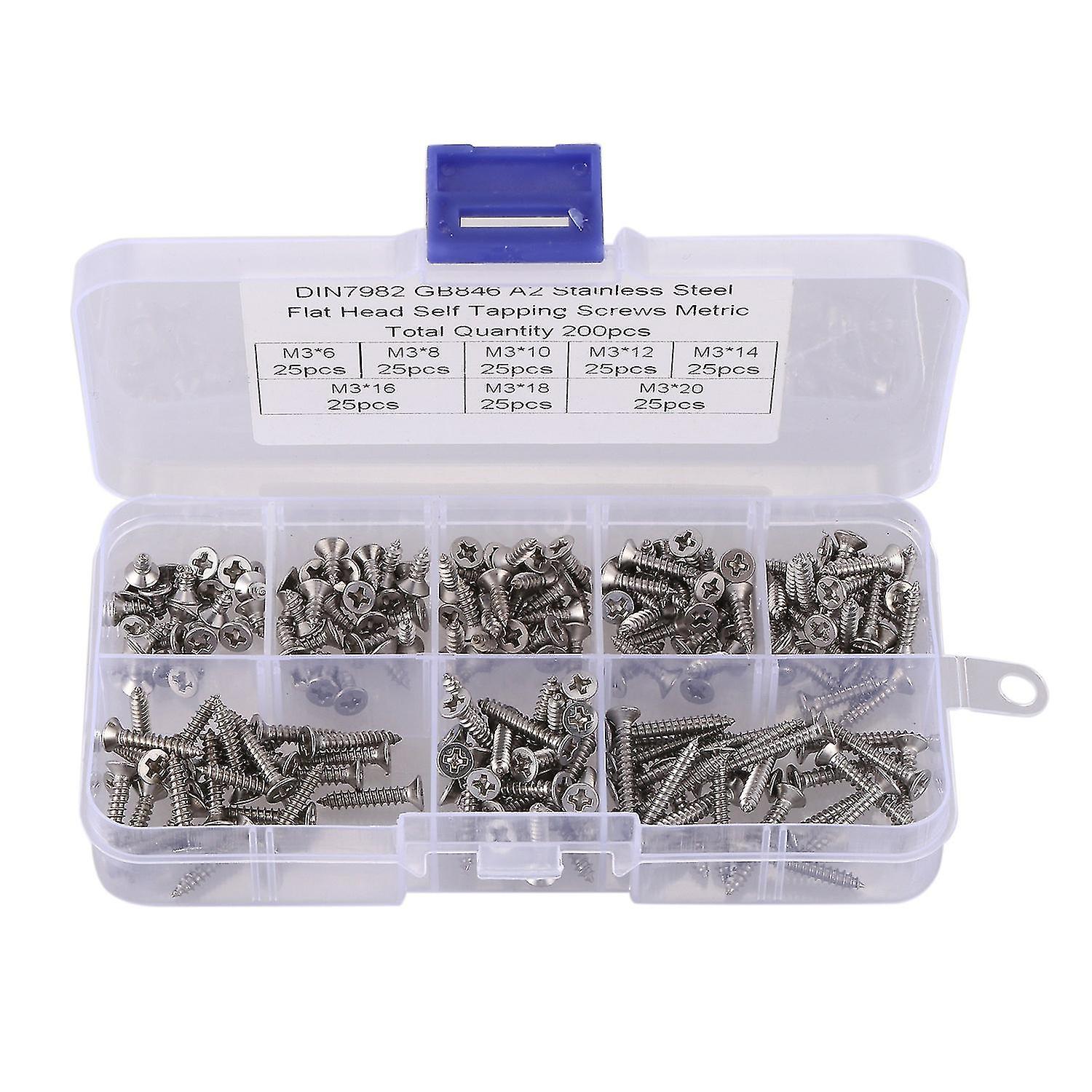 200pcs M3 Stainless Steel Flat Head Screws Kits High Strength Self-tapping Screws Assortment Set Fo