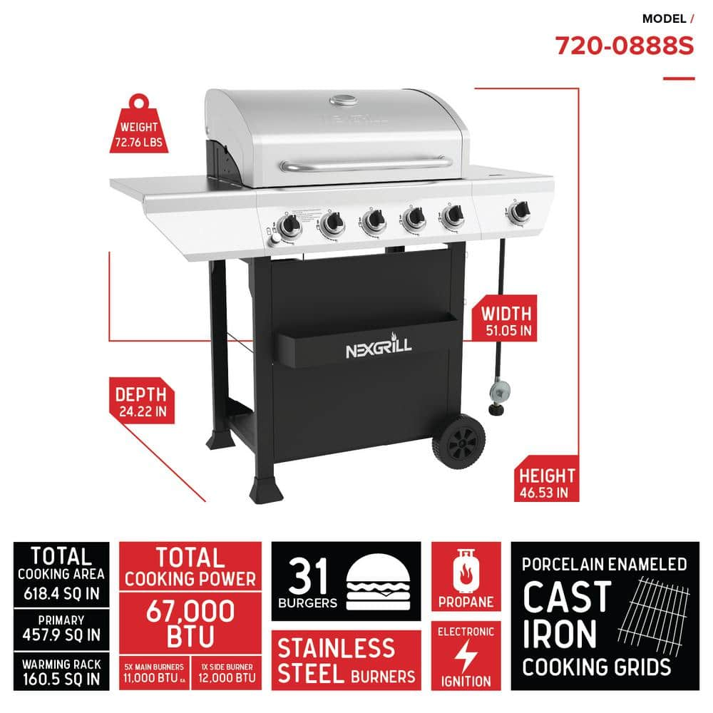 Nexgrill 5Burner Propane Gas Grill in Stainless Steel with Side Burner and Condiment Rack