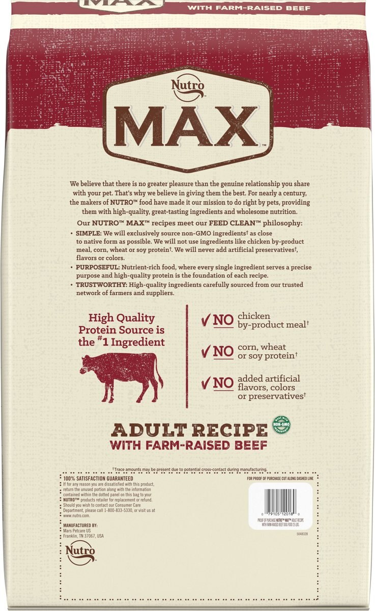 Nutro Max Adult Farm-Raised Beef Recipe Natural Dry Dog Food， 25-lb bag