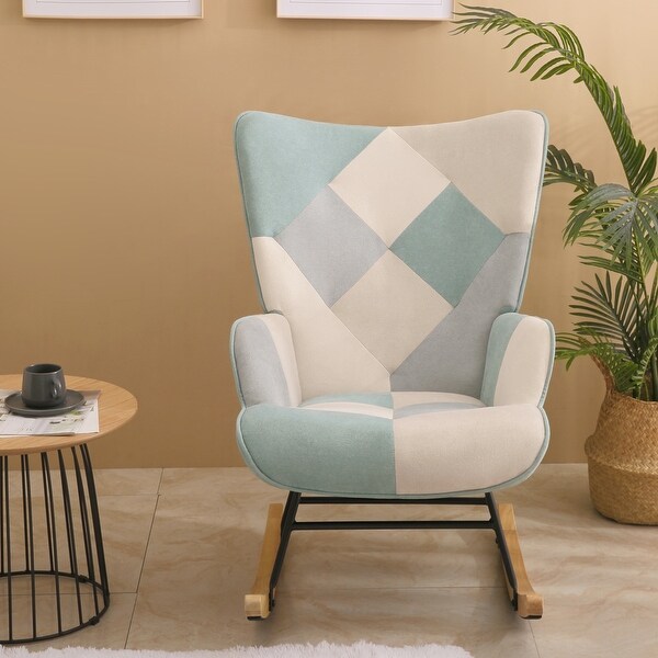 Fabric Rocker Chair with Wood Legs and Patchwork Linen