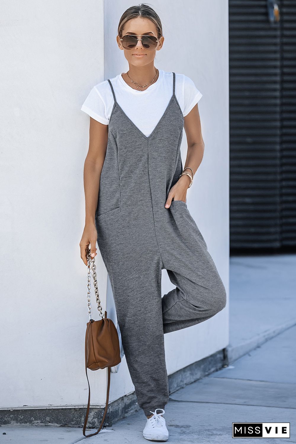 Gray Textured Sleeveless V-Neck Pocketed Casual Jumpsuit