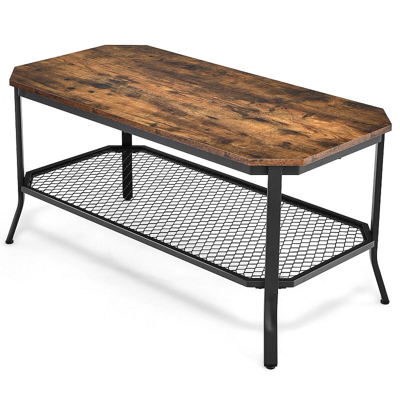 2-Tier Industrial Coffee Table with Open Mesh Storage Shelf for Living Room-Rustic Brown