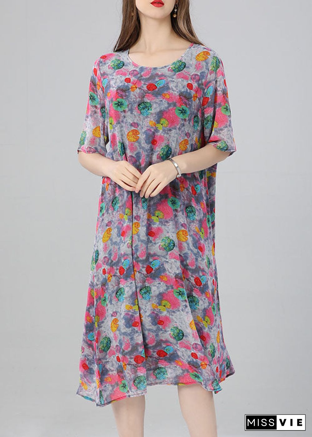 Women Floral O Neck Print Patchwork Chiffon Dress Summer