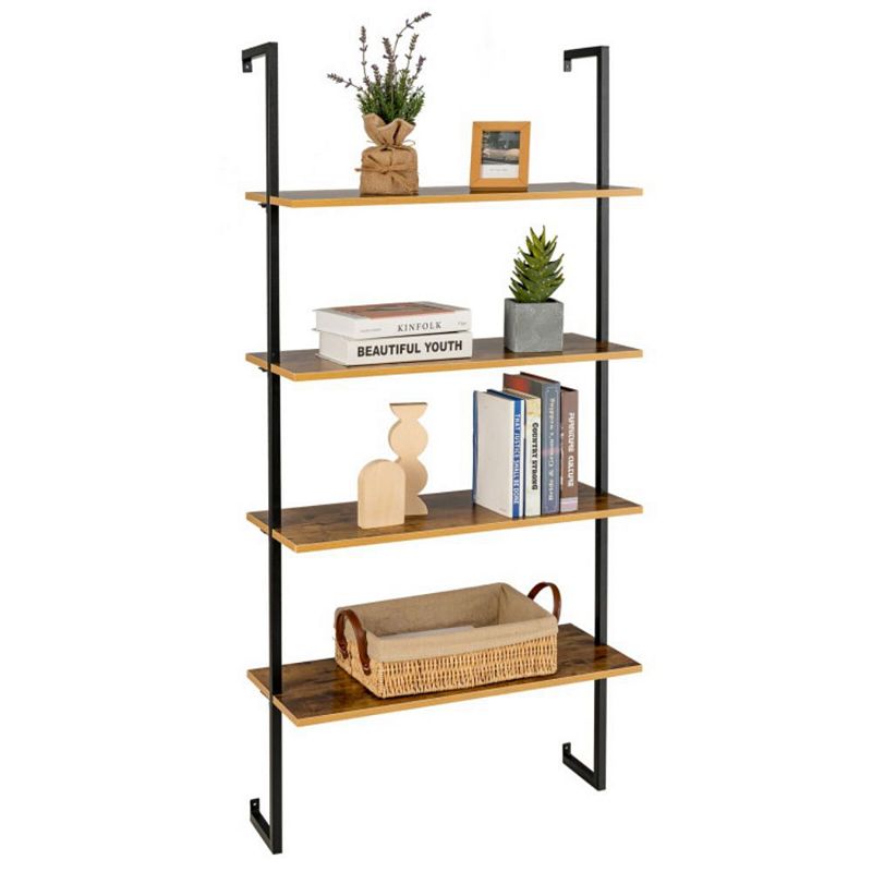 Hivago 4-Tier Industrial Ladder Bookshelf with Metal Frame-Coffee