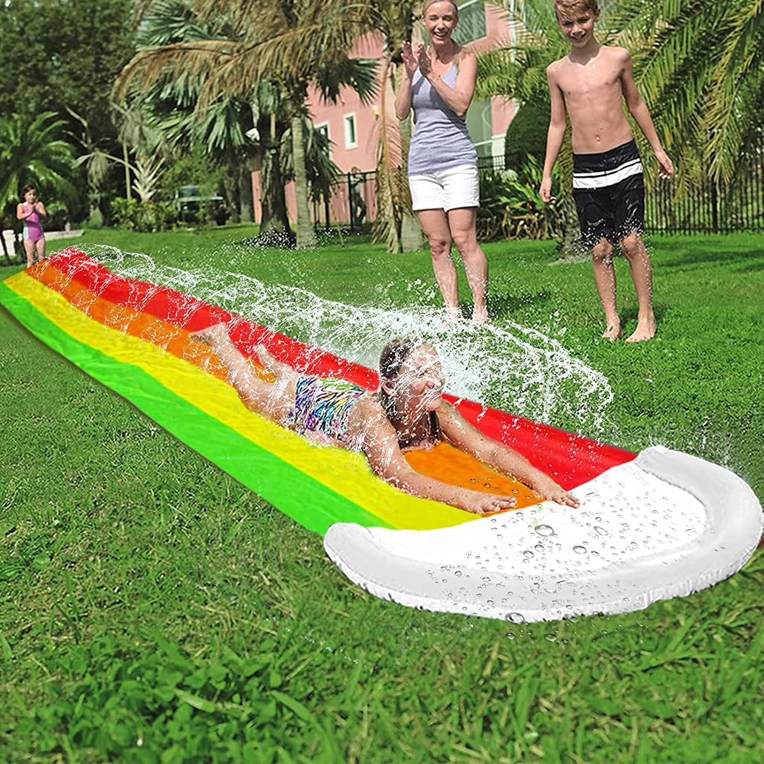 Intera 14 FT Lawn Water Slides, Rainbow Slip Slide Play Center with Splash Sprinkler and Inflatable Crash Pad for Kids Children Summer Backyard Swimming Pool Games Outdoor Water Toys