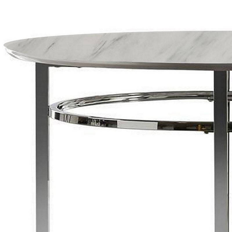 Contemporary Round Dining Table with Faux Marble Top， White and Chrome