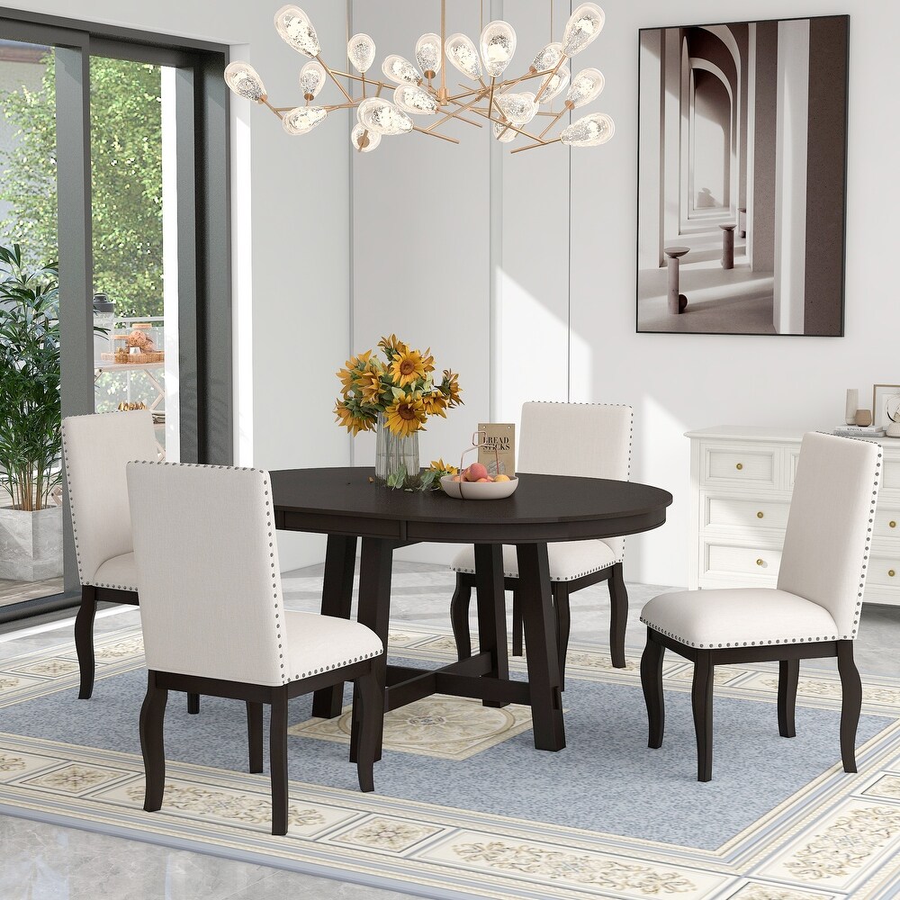 5 Piece Adjustable 42 58 inch Round Oval Extendable Wood Dining Table Set for Country House City Apartment Dining Room