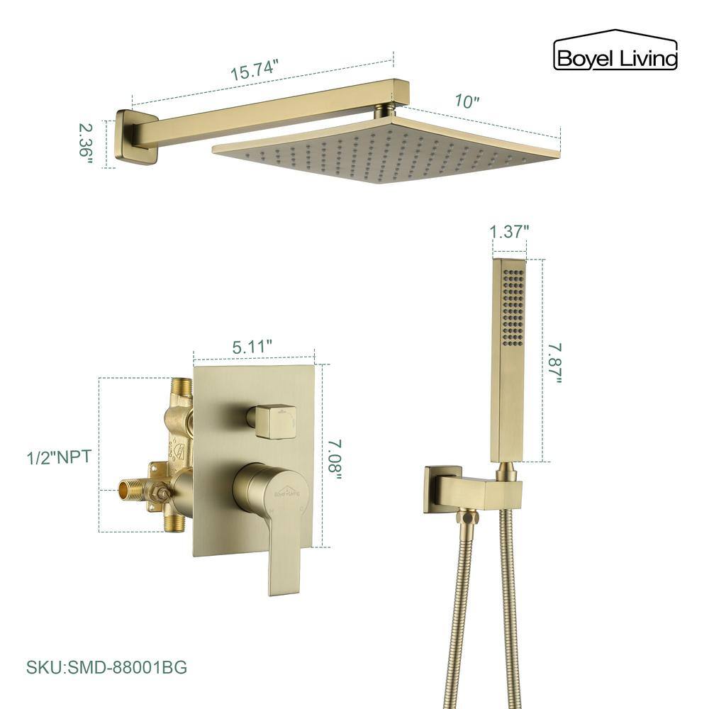 Boyel Living 1-Spray Patterns with 2.66 GPM 10 in. Wall Mount Dual Shower Heads with Rough-In Valve Body and Trim in Brushed Gold SMD-88001BG