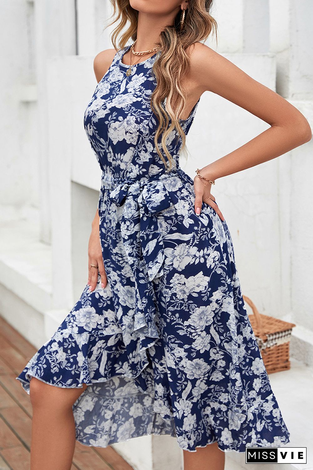 Halter Neck Sleeveless Floral Midi Dress Wholesale