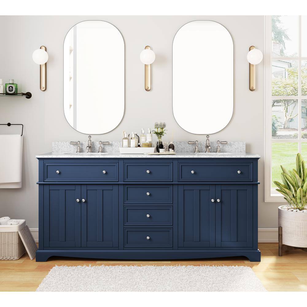 Home Decorators Collection Fremont 72 in. W x 22 in. D x 34 in. H Vanity in Navy Blue With Grey Granite Top and White Sinks TJ-FTV7222BLU