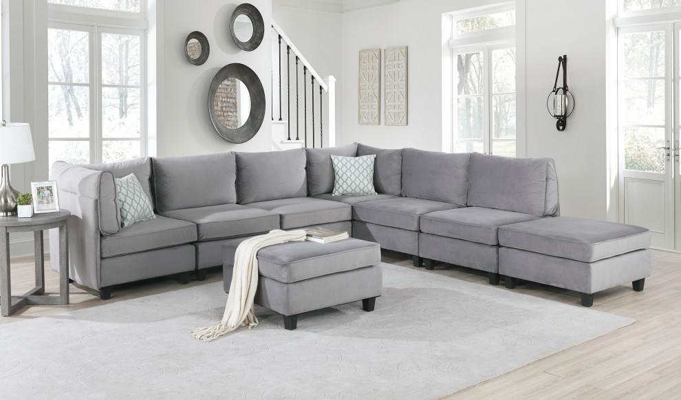 Zelmira Gray Velvet 8 Piece Modular Sectional Sofa  Corner Couch With Ottoman   Transitional   Sectional Sofas   by Lilola Home  Houzz