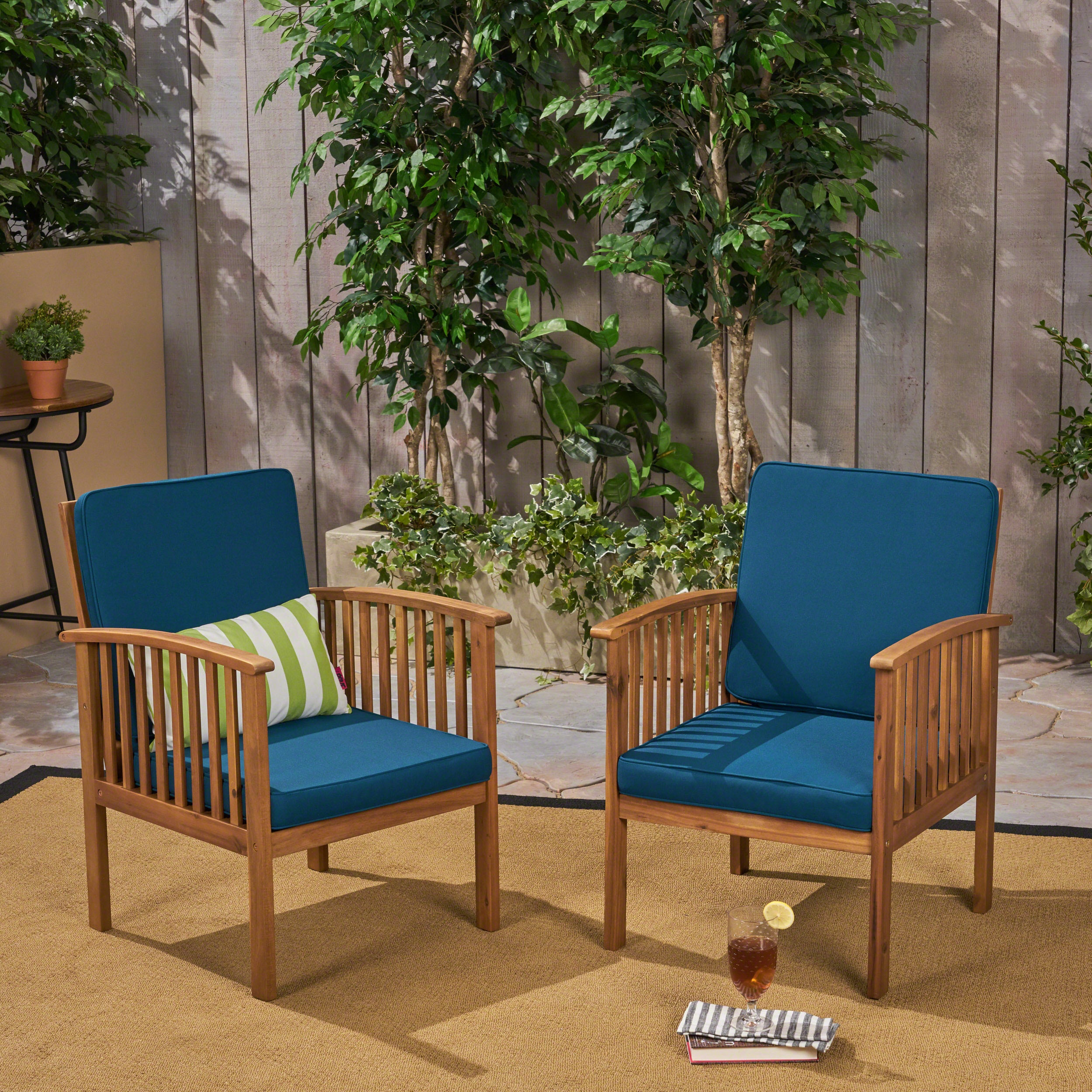 Ray Acacia Outdoor Acacia Wood Club Chairs w/ Cushions