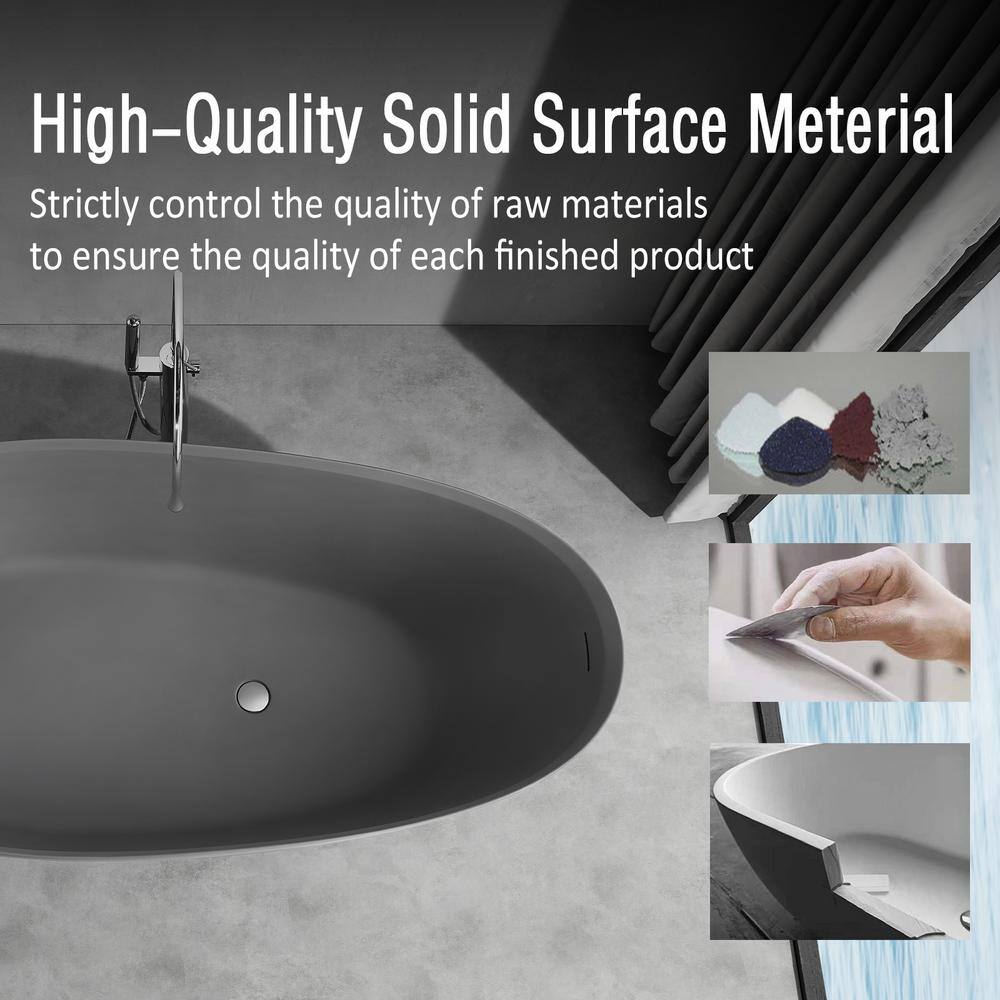 INSTER JUNO 67 in. Solid Surface Stone Resin Egg Shape Flatbottom Bathtub in Matte Cement Grey HDPCYNBT0004