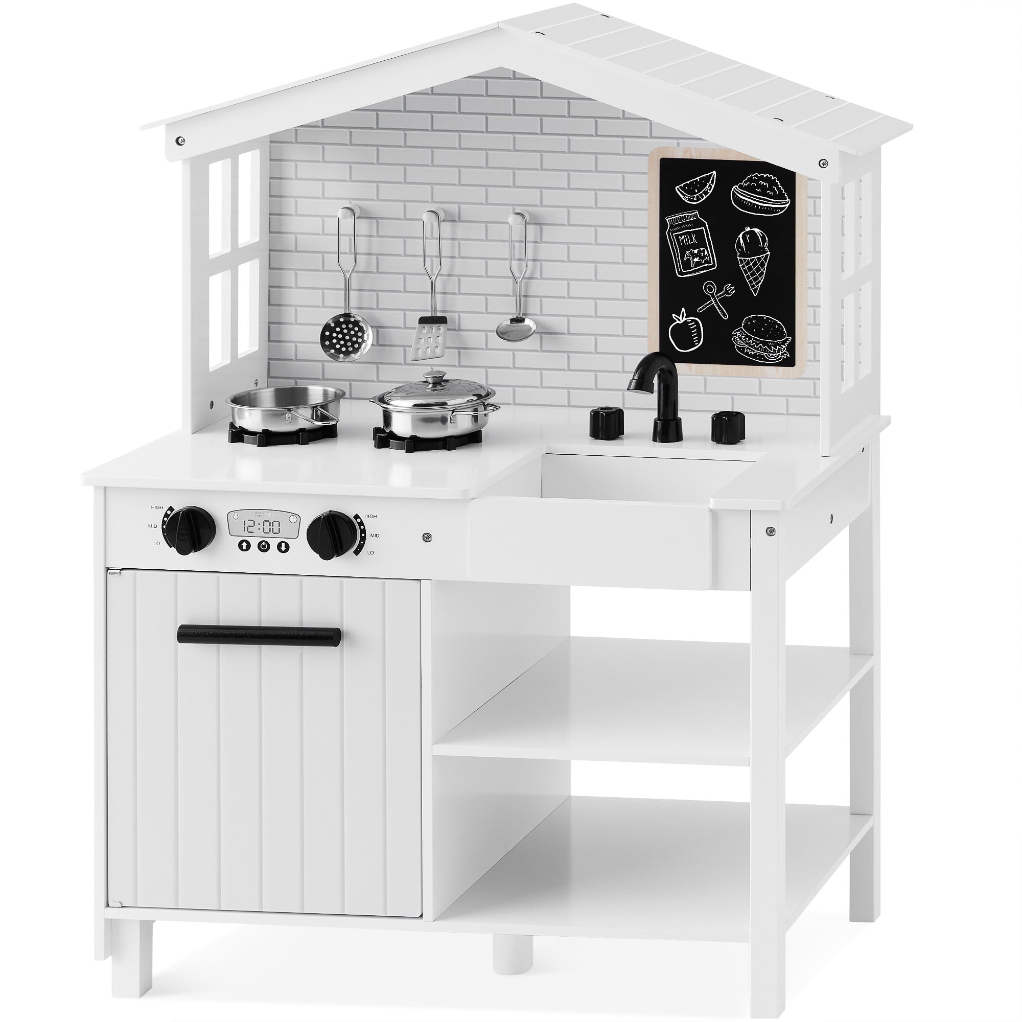 Best Choice Products Farmhouse Play Kitchen Toy, Wooden for Kids w/ Chalkboard, Storage Shelves, 5 Accessories - White