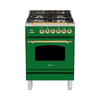 Hallman 24 in. 2.4 cu. ft. Single Oven Italian Gas Range with True Convection 4 Burners Brass Trim in Emerald Green HGR24BSGN