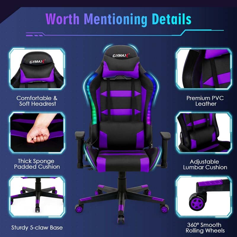 High Back RGB Gaming Chair, Ergonomic Video Game Chair with LED Lights, PVC Leather E-Sport Computer Chair