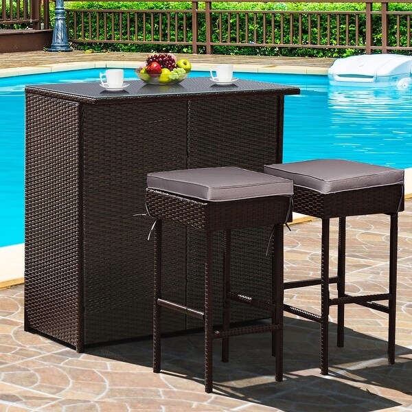 Costway Patio 3PCS Rattan Bar Table Stool Set Cushioned Chairs with