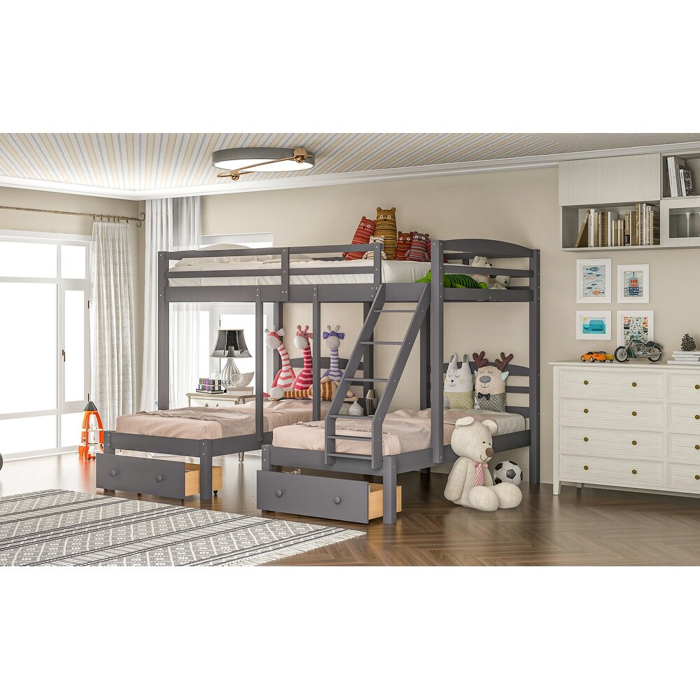 Gray Full over Twin   Twin Bunk Bed Triple Bunk Bed with Drawers