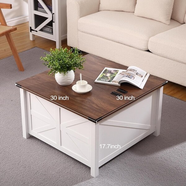 Farmhouse Square Coffee Table，Wood Center Table with Large Hidden Storage Compartment