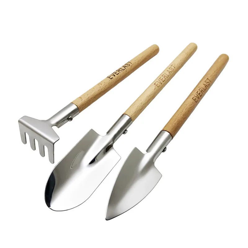 Hot Sell Stainless Steel Head Wood Handle Garden Hand Tools Mini 3Pcs Garden Tool Set For Succulent Planting Tools