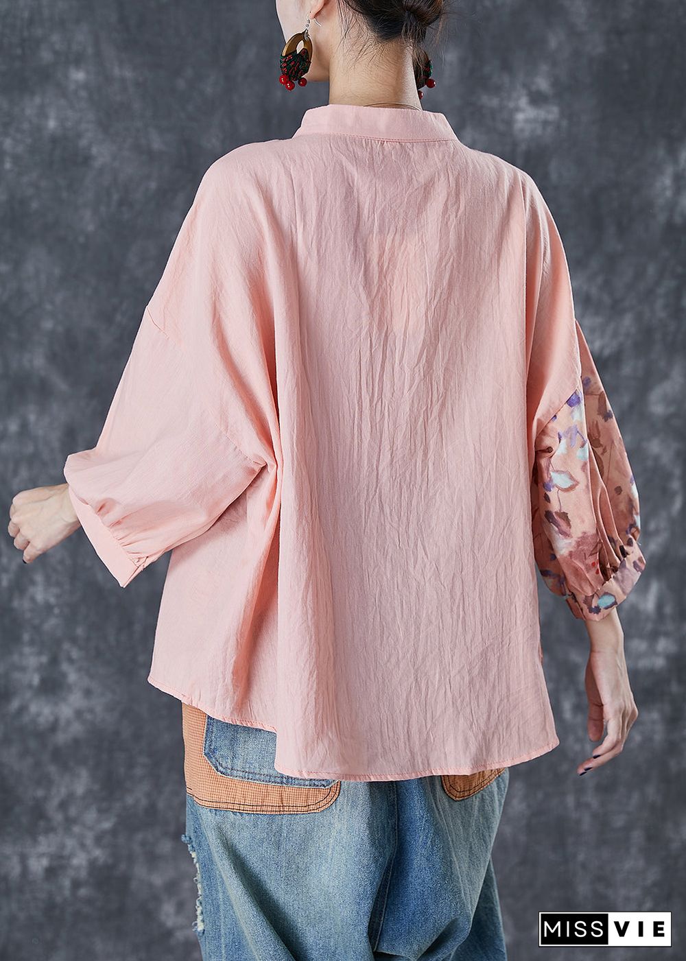 Art Pink Asymmetrical Patchwork Print Linen Blouse Top Bracelet Sleeve