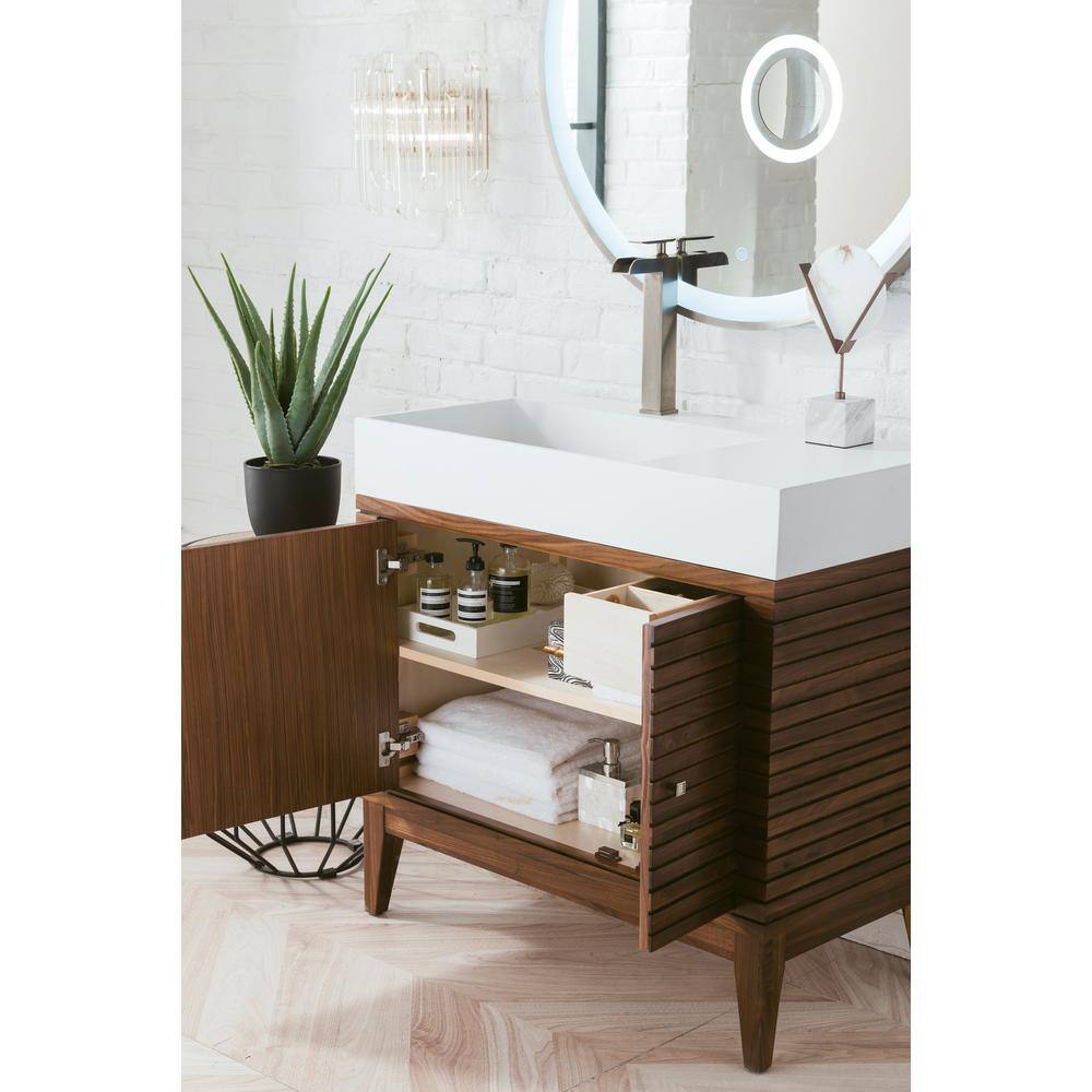 James Martin Vanities Linear 35.5 in. W x 19 in.D x 34.5 in.H Single Bath Vanity in Mid Century Walnut with Solid Surface Top in Glossy White 210-V36-WLT-GW