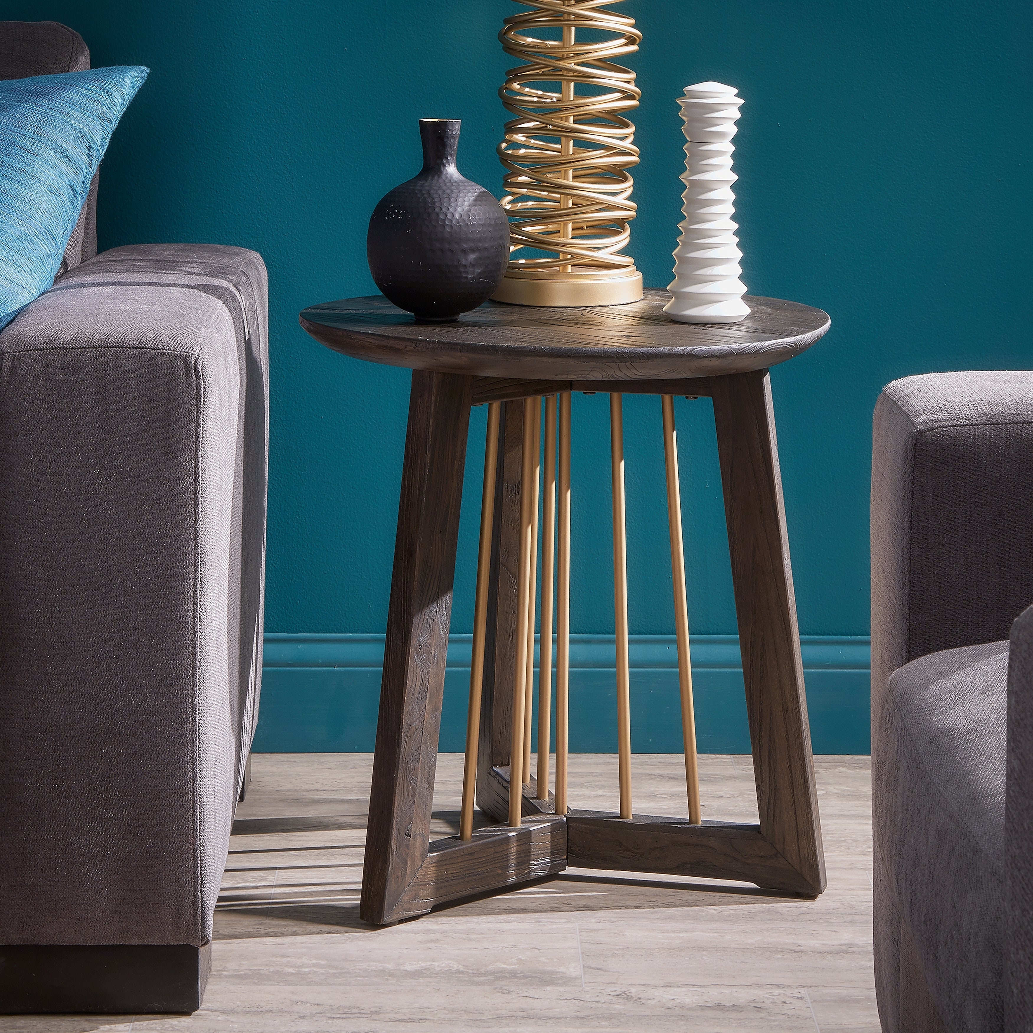 Barica Antique Gold Finished Metal and Reclaimed Wood Round End Table by iNSPIRE Q Bold