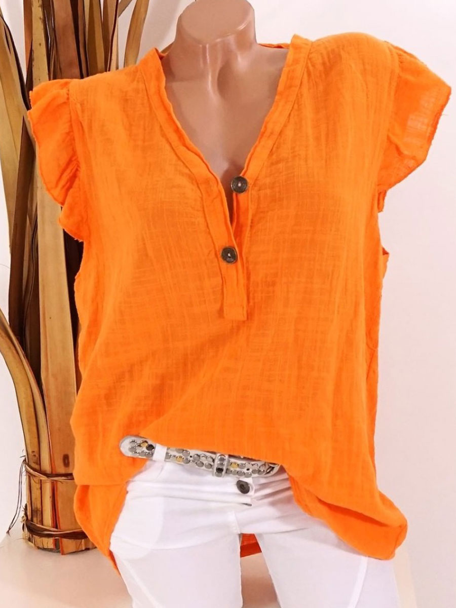 V-neck Casual Loose Solid Color Short-sleeved Blouse