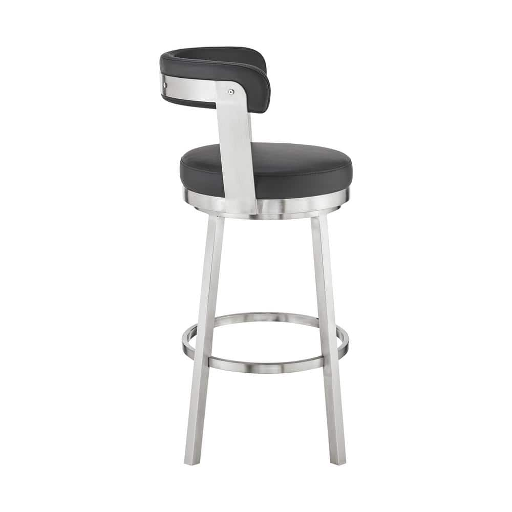 Armen Living Kobe 30 in. Bar Height Low Back Swivel Bar Stool in Brushed Stainless Steel and Black Faux Leather 721535761791